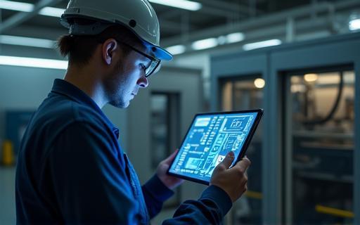 工場でAIを搭載したタブレットを使用している技術者の画像