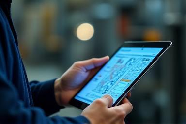 エンジニアがタブレットで技術図面を見ている画像