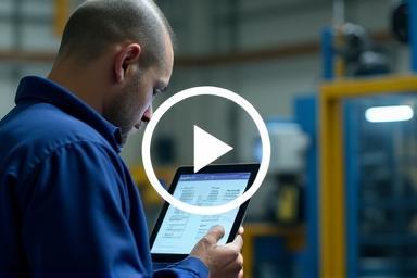 作業員が機械の前でタブレットを操作している画像（ビデオ再生アイコン付き）